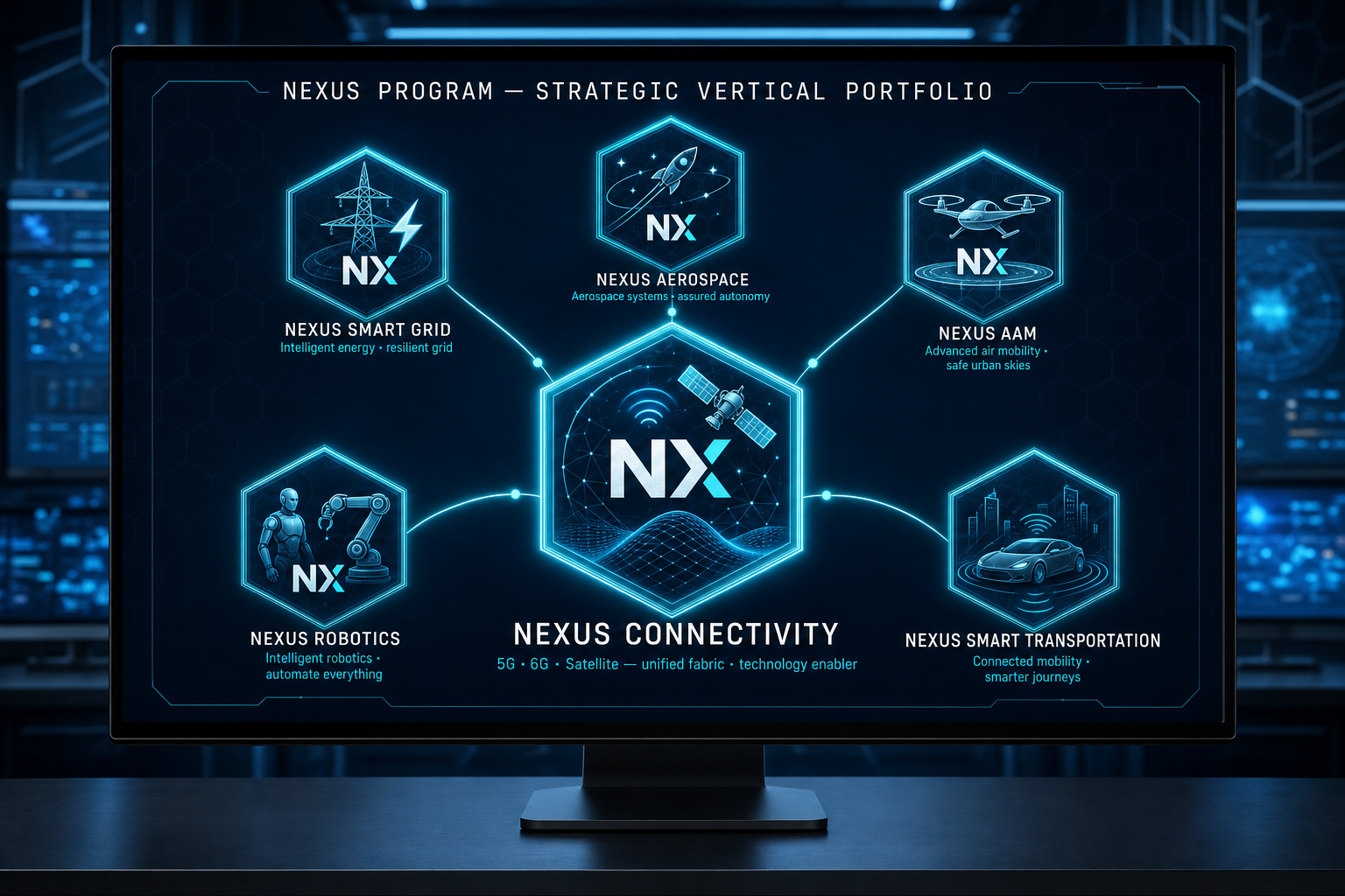NEXUS Program — strategic vertical portfolio: NX Connectivity (central enabler · 5G / 6G / satellite unified fabric) surrounded by 5 vertical applications — Smart Grid, Aerospace, AAM, Smart Transportation (SDV-AIDV), and Robotics (industrial & domestic).