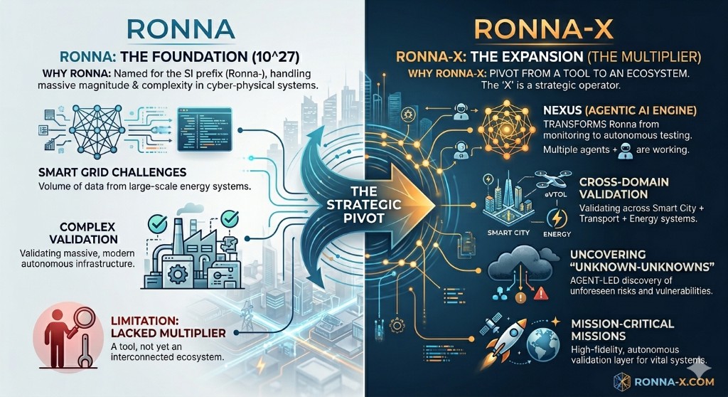 Ronna-X brand evolution — from Ronna (the SI 10²⁷ foundation) to Ronna-X (the agentic, cross-domain, multiplier ecosystem powered by NEXUS).
